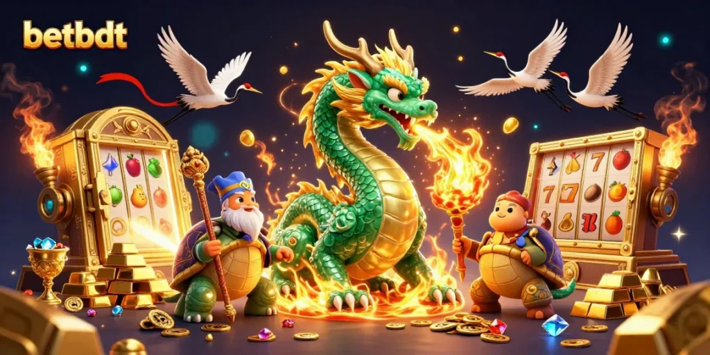 Experience the excitement of betbdt with a vibrant illustration of a jade dragon and dynamic casino symbols.