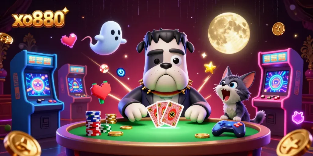 Join the fun with xo880's thrilling card games and vibrant arcade elements in this dynamic casino scene.