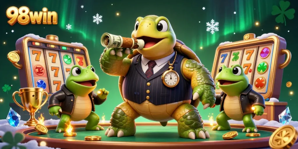 Engage with slots and jackpots at 98win, featuring a vibrant 3D illustration of a turtle in a suit and lucky gaming elements.