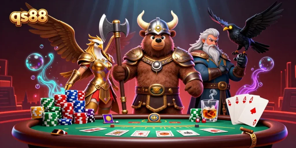 Engage with qs88 in this vibrant 3D digital casino scene featuring exciting poker action and legendary characters.