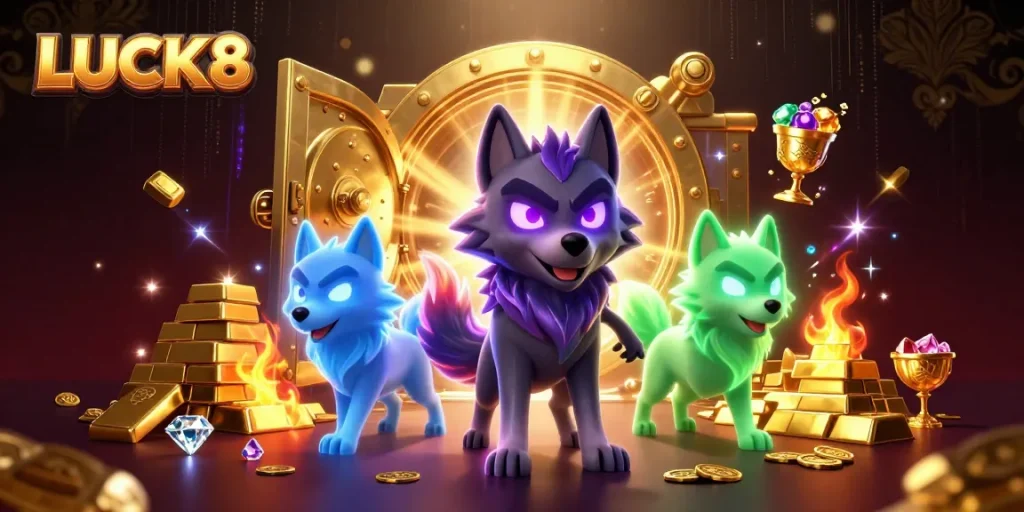 LUCK8 showcases a vivid casino scene with a shadow wolf and treasure elements for thrilling gameplay.