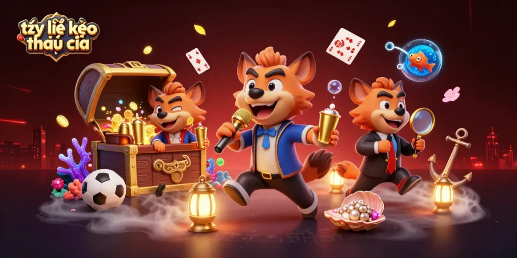 Engage with tỷ lệ kèo nhà cái in this vibrant sports betting illustration featuring comedic hyenas, drinks, and dynamic casino elements.
