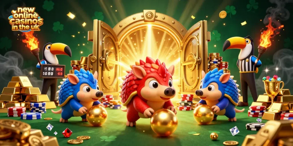 Rival pangolins engaging in a bowling game with poker chips in new online casinos in the uk.