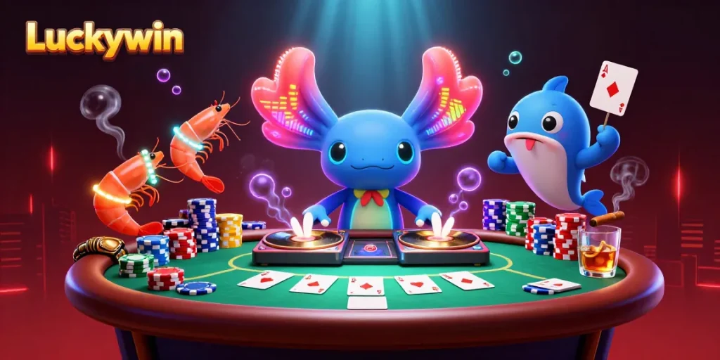 Luckywin engages players in a vibrant 3D scene with neon elements, poker tables, and colorful characters.