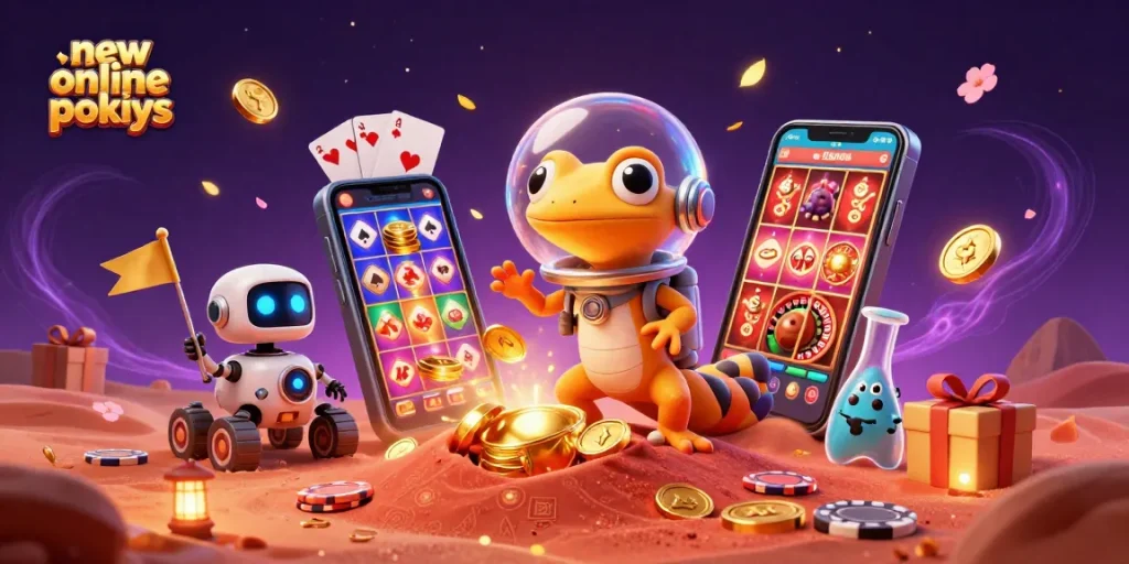 Experience the excitement of new online pokies with a vibrant 3D casino scene featuring a Martian gecko.