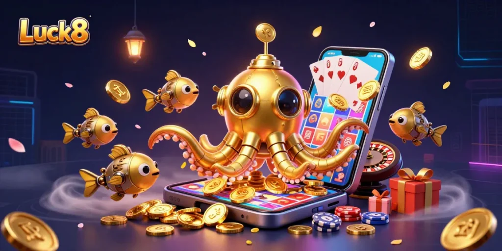 Discover Luck8's thrilling gaming experience with a 3D kraken submarine and vibrant slot elements.
