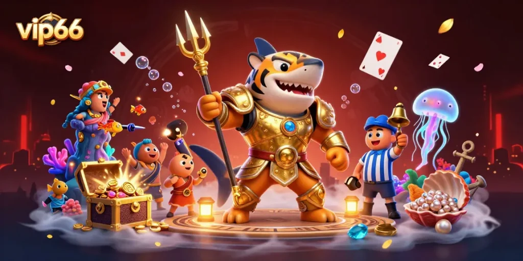 Experience the thrill of vip66 with a vibrant underwater casino scene featuring a tiger shark, treasure, and lively gameplay.