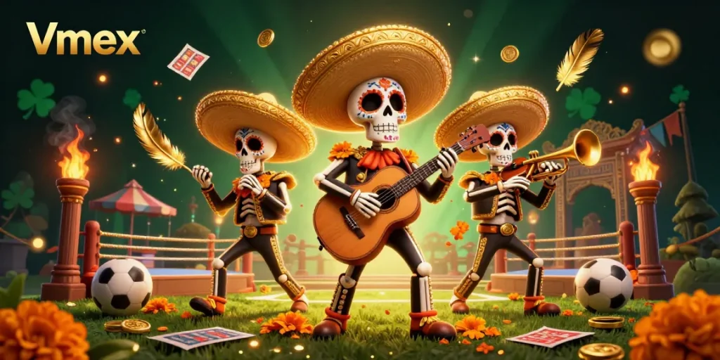 Experience exciting sports betting with Vmex as vibrant mariachis play music amidst gold coins and capturing action.