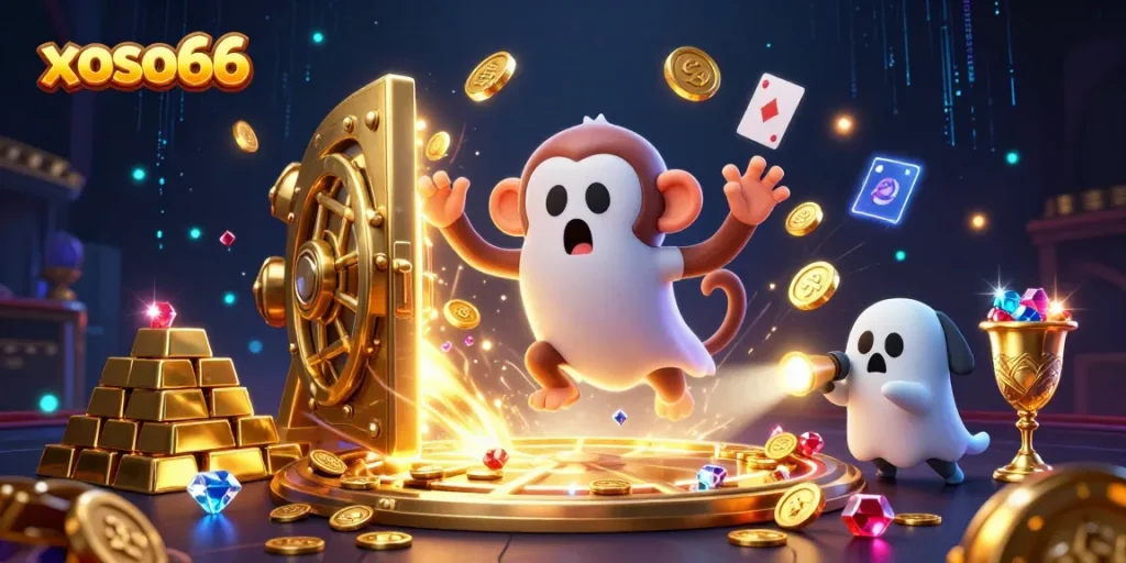 Experience the mesmerizing magic of xoso66 with a golden juggler amidst a haunted casino.