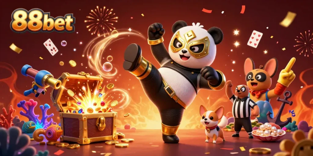 Experience the thrill of 88bet through a dynamic scene with a wrestler panda and festive animals in a casino