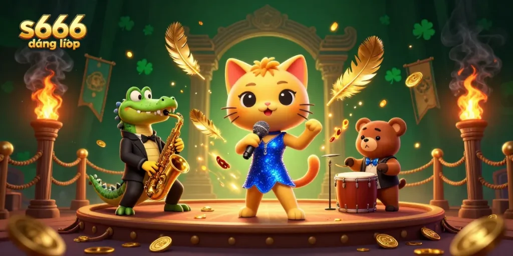 Engaging scene celebrating s666 đăng nhập with a lively jazz-singer cat, saxophone crocodile, and drum-playing bear in a vibrant casino.