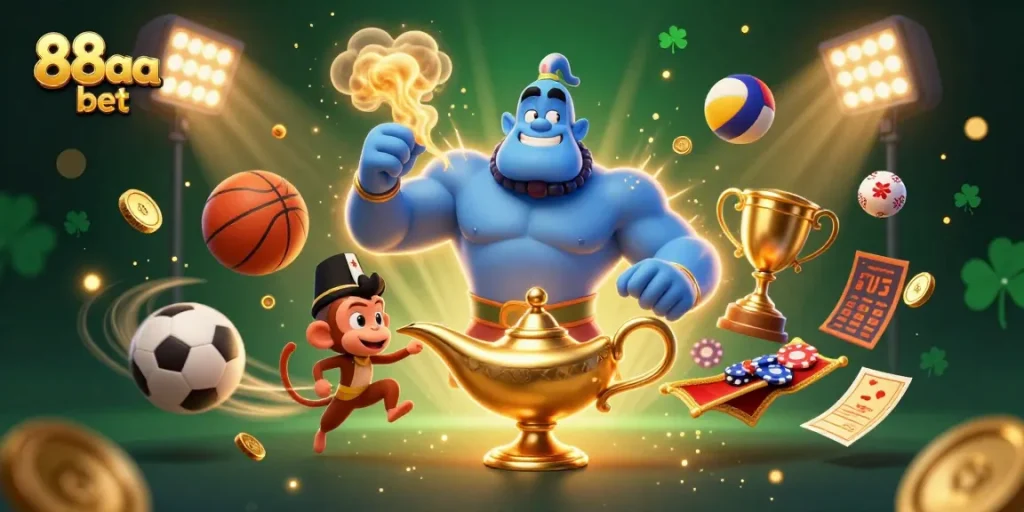 Experience exciting 88aa bet gaming with dynamic characters, sports elements, and golden accents.