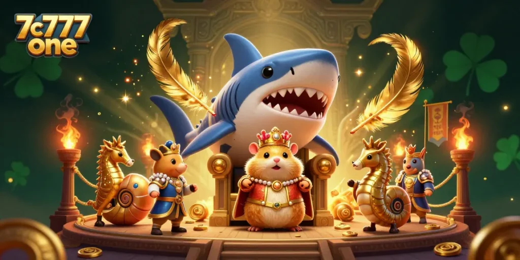 Join the excitement of 7c777 one with a golden hamster king presiding over a thrilling gambling arena.