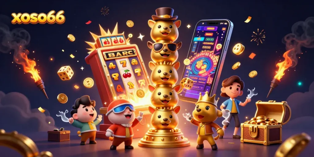 Experience the excitement of xoso66 with vibrant casino characters and jackpot thrills in this colorful scene.
